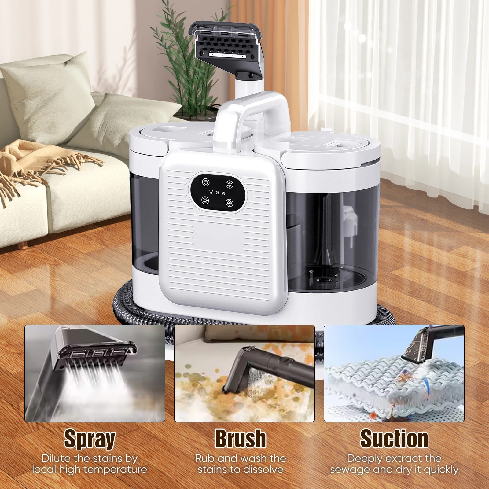 Aspirator pentru curatarea tapiteriei, 1650W, putere de aspiratie 15kPa, design cu doua rezervoare