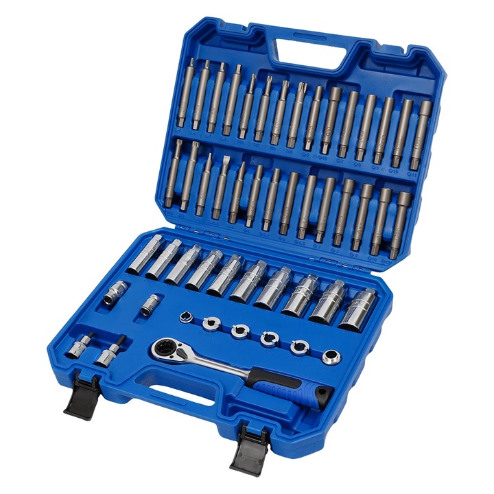 Set unelte amortizor, 50 piese, albastru, otel crom-vanadiu, valiză 43x32x11cm