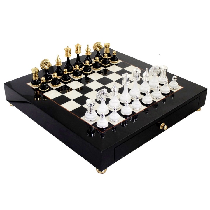 Set de sah de lux Italfama, Staunton, 24K aur si 925 argint, lemn de brad, 9 cm, 42x42 cm