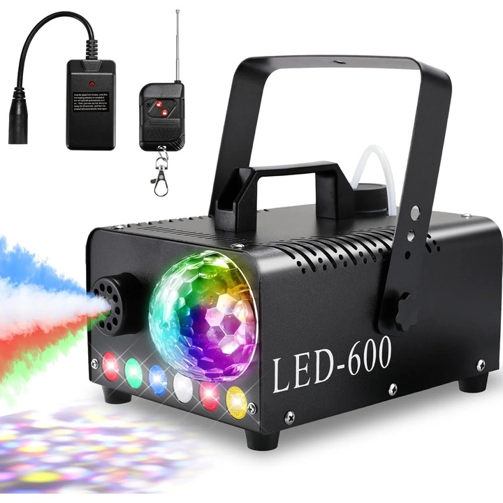 Masina de fum, Generator de ceata cu bila disco, 600 W, LED-uri in 6 culori, Fonta, Pentru petreceri, nunti, scena DJ