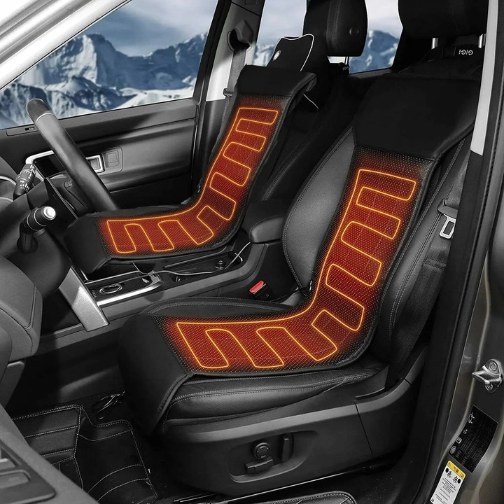 Huse scaun auto 2 perechi, Incalzire scaun 12V, Piele, 76–100 W, Temporizator 90 min, Impermeabil, Universal, Gri