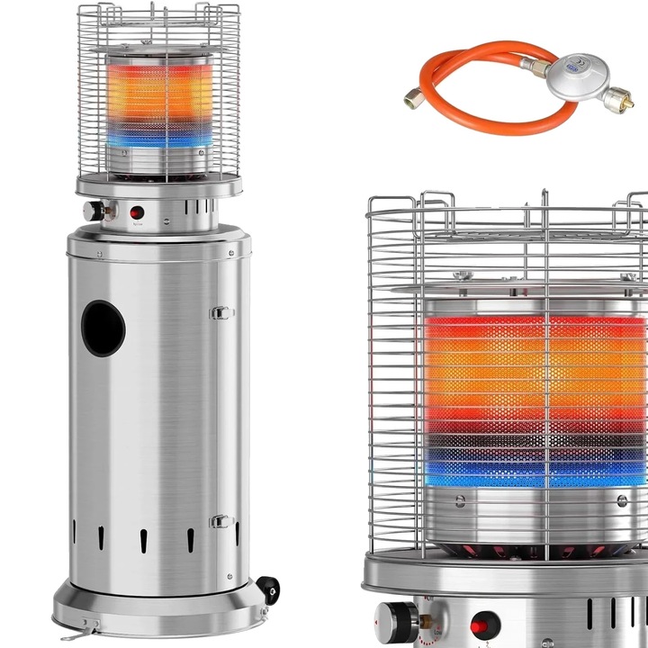 Kempingkályha, hordozható kültéri fűtőtest, ezüst, 46x125cm, kerekekkel, védőburkolattal