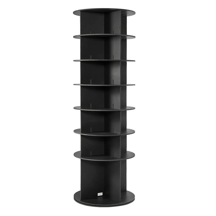 Forgó cipőtartó, 7 szintes, 598 x 598 x 1805 mm, Fa/PVC, Fekete