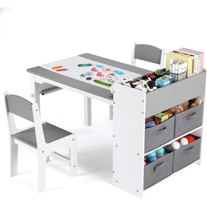 Masa de arta pentru copii cu 2 scaune, set 3 piese, cu sertare si rafturi de depozitare, 103×55, 6×64 cm dreptunghiular, lemn, gri deschis
