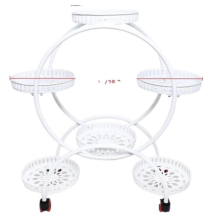 Suport pentru plante, alb, portabil cu roti, pentru 6 ghivece, 73x31.5x80cm