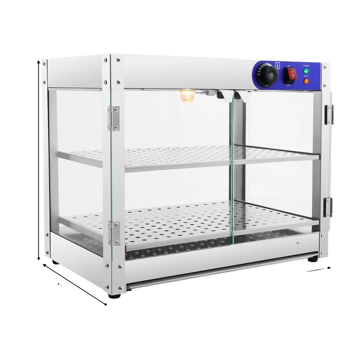 Витрина за поддържане на храна топла, неръждаема стомана, бързо загряване, прозрачна/сребриста, 61x38x51см