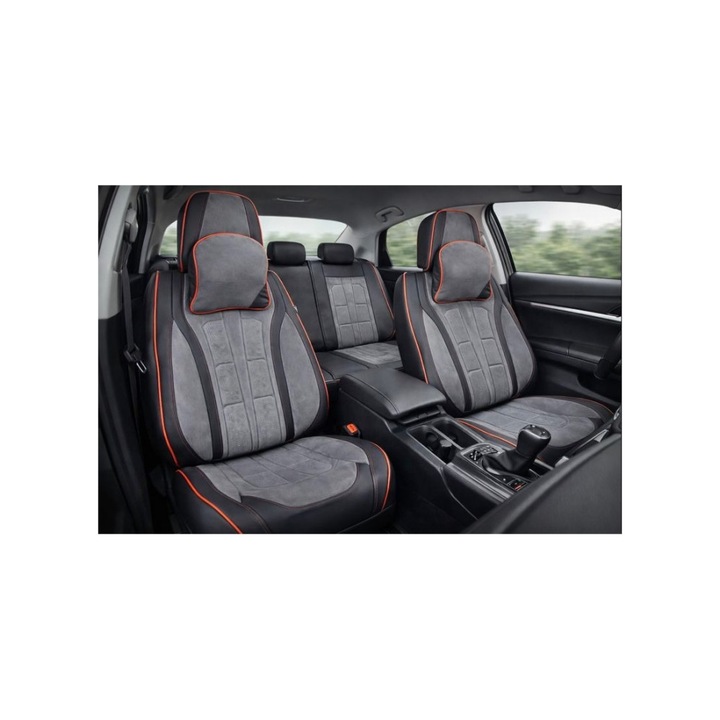 Huse scaune auto universale fractionate 9D Premium fata si spate negru cusatura rosie