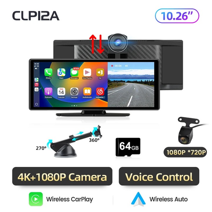Camera auto DVR, 4K, dual lens, 10.26", CLP12A, fara card TF