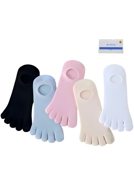 Set 5 perechi sosete scurte din bumbac pentru femei, Omelivon, cinci degete, elastice, respirabile, multicolor, One Size