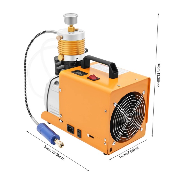 Compresor PCP de inalta presiune, Compresor de aer, 300 bar, 1, 8 kW, Pentru pusca cu aer, butelie de scufundare, paintball, Manual, 34×18×34 cm, 15, 5 kg