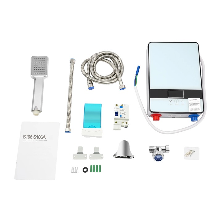 Електрически бойлер, стенен монтаж, моментална топла вода, закалено стъкло, неръждаема стомана, 18.6x5.7x27.7см, бял