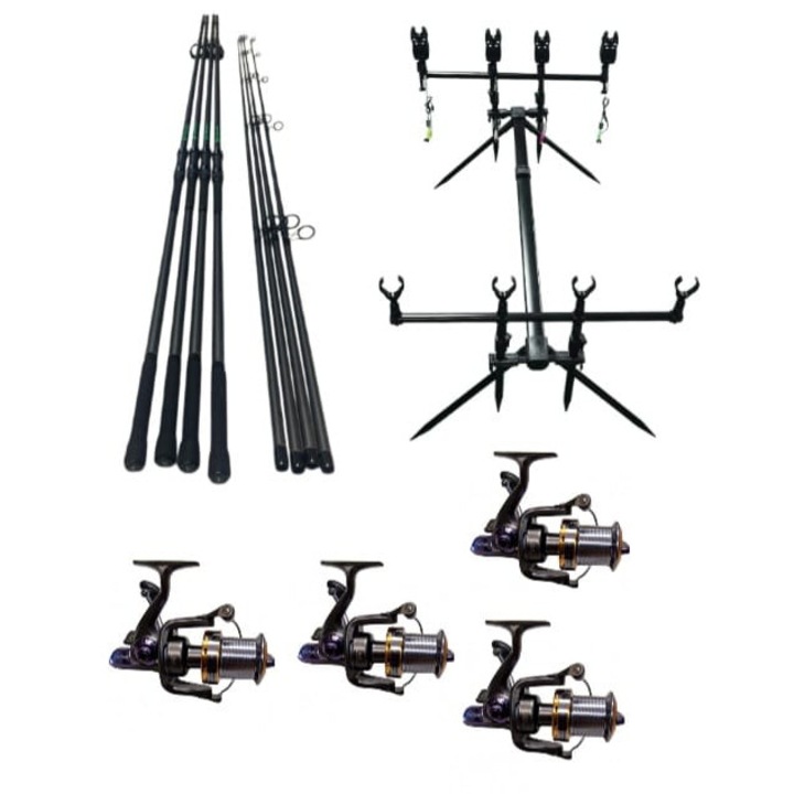 Set 4 Lansete Pescuit Eastshark 3.90m, 2 Segm, 4 Mulinete GH 7000, Rod Pod Aluminiu, 4 Avertizori, 4 Swingere, Fir 0.30mm x 500m