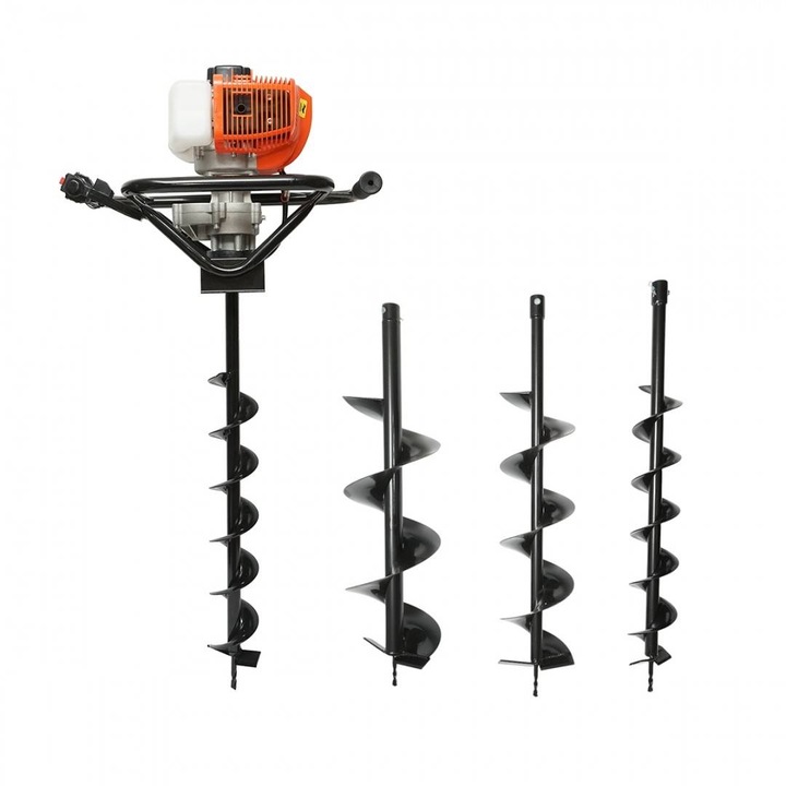 Motoburghiu de pamant pe benzina 2 timpi 2.8CP, 52cc cu 3 burghie incluse 100mm, 150mm, 200mm