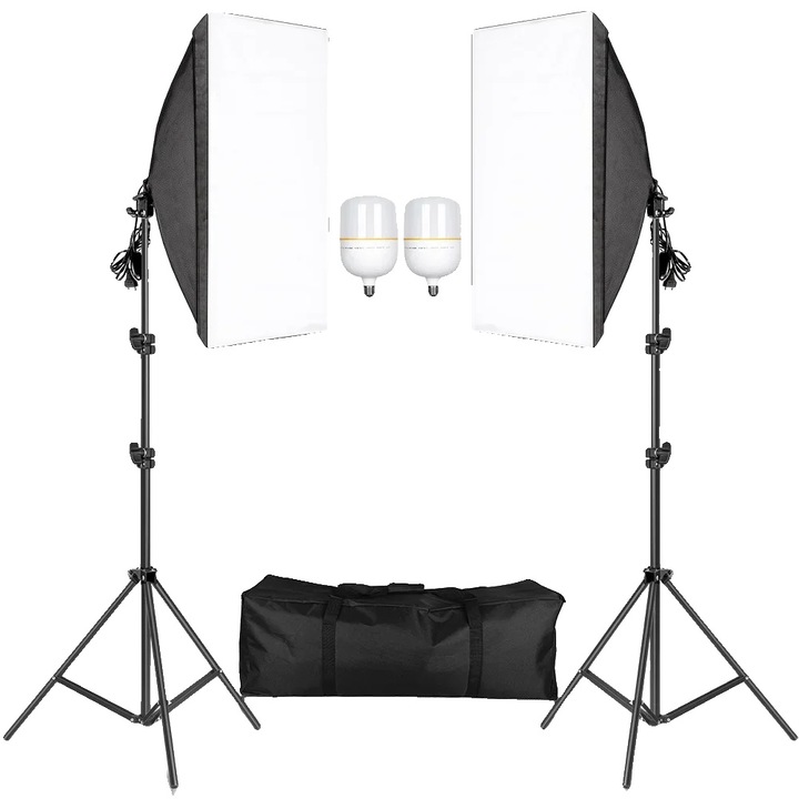 Kit Softbox, dimensiune 50x70cm, suport lampa E27, 2 kg, 70-200cm, becuri LED si corn, multicolor