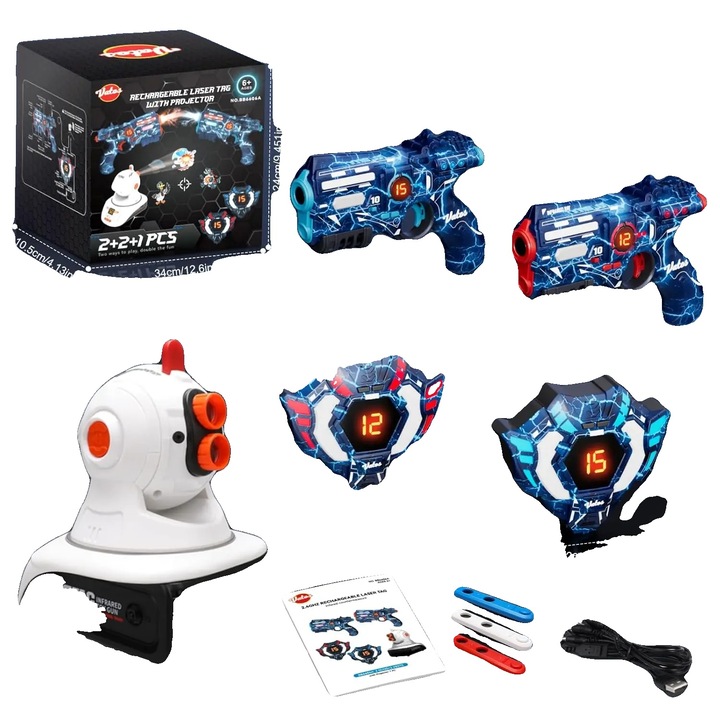 Joc laser tag, proiectii interactive, 4 moduri de arma, albastru, dimensiuni compacte