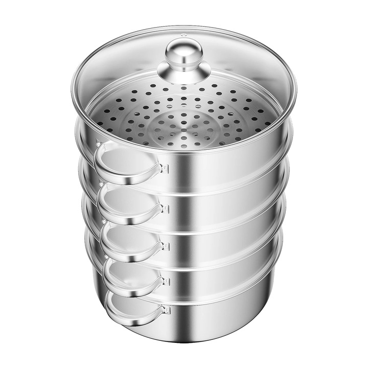 Gőzpároló edény, 5 szintes, 304 rozsdamentes acél, 28 cm, ezüst