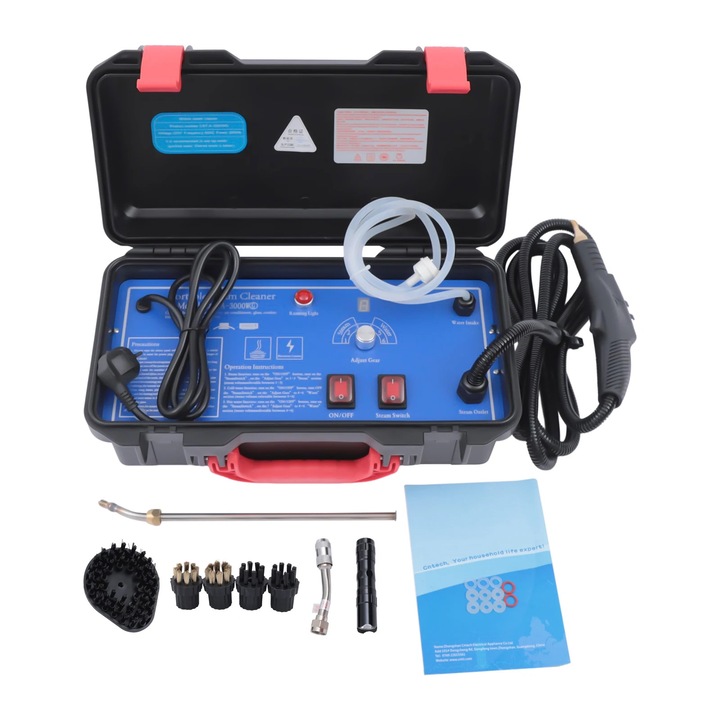 Curatator cu abur sub presiune, Set curatator cu abur, 3000 W (EU)/1700 W (US), 3–3, 5 bar, Pistol pulverizator electric, Portabil, 6 trepte, Stecar EU/US, Negru/Albastru