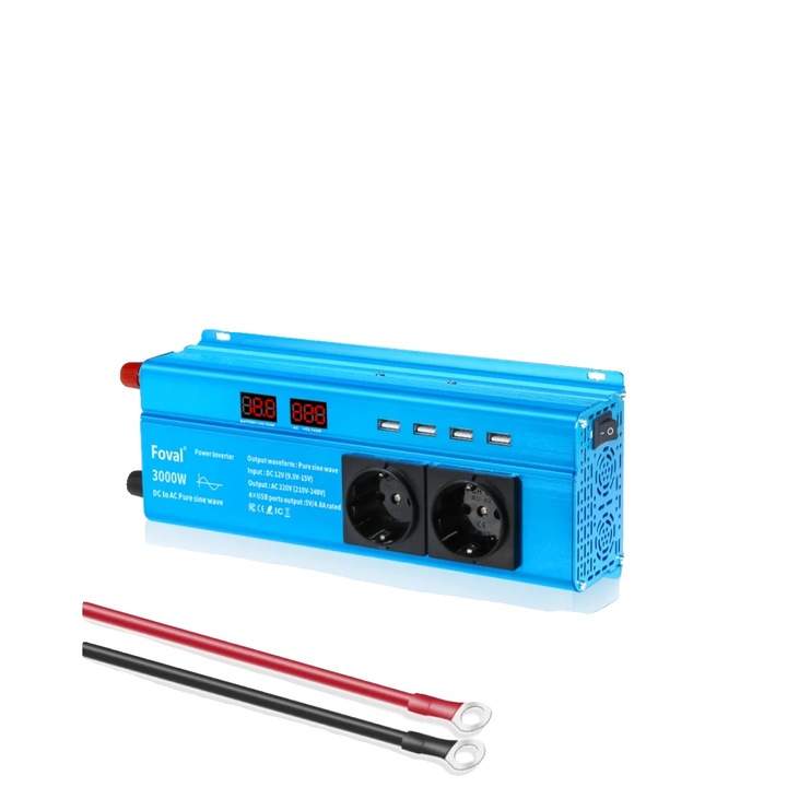 Autós inverter 12V-220V, 3000W csúcsteljesítmény, tiszta szinuszos hullám, USB kimenet 1A
