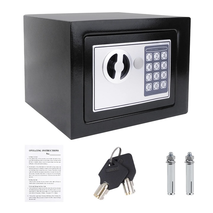 Seif pentru casa, Seif electronic 17E, Tastatura digitala, 2 chei, Mic si compact, Pentru acasa si birou, Negru
