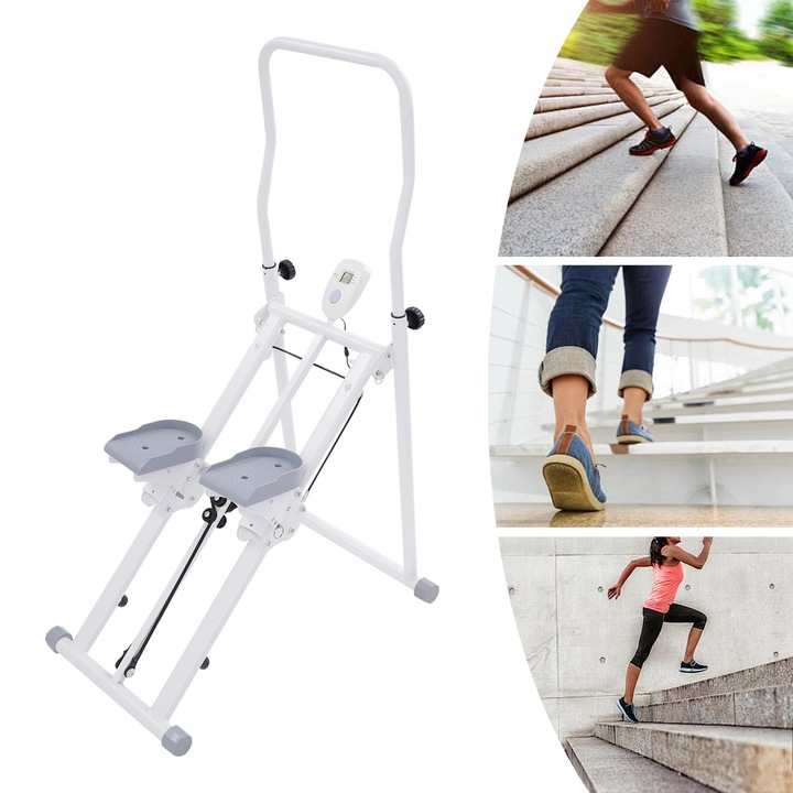 Stepper pliabil, alb, reglabil pe inaltime, cu afisaj LCD, pentru antrenament de forta