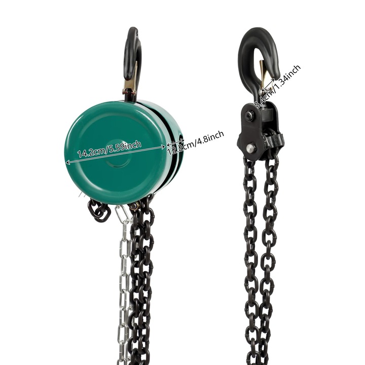 Palan manual cu lant, Bloc cu lant, Capacitate 2 t (2000 kg), Inaltime de ridicare 2, 9 m, Otel mangan, Carlig rotativ, Verde