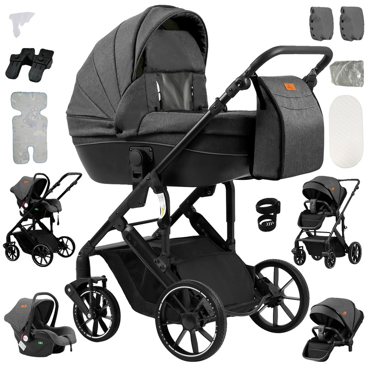 Sistem de transport pentru bebelusi, 4 in 1, scaun de siguranta inclus, gri, compatibil cu sistemul de calatorie