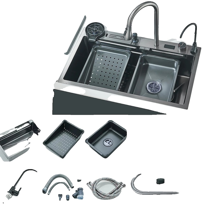 Chiuveta bucatarie, 75x45cm, constructie din otel inoxidabil, design cu un singur bol, patru gauri