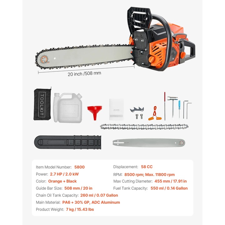 Láncfűrészek, 20 hüvelyk, 2,7 LE, 9,84 hüvelyk vágási átmérő, 45# vezetőlemez