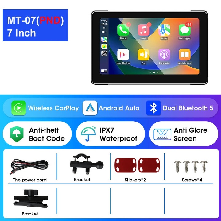 Player multimedia auto MT-07 7 inch, conectivitate Wireless CarPlay si Android Auto, rezistent la apa, 1280x720.