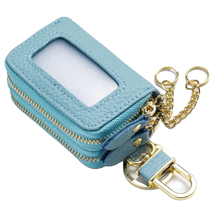 Portofel dama pentru chei, din piele, capacitate mare, albastru deschis, 8x3.5x5.5cm