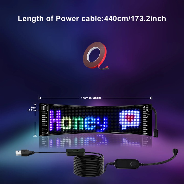 Panou LED, animatie RGB, controlat prin aplicatie, 7x17cm
