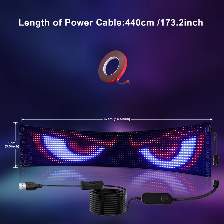 Panou LED de afisare, animatie RGB, 9x37cm, controlat prin aplicatie