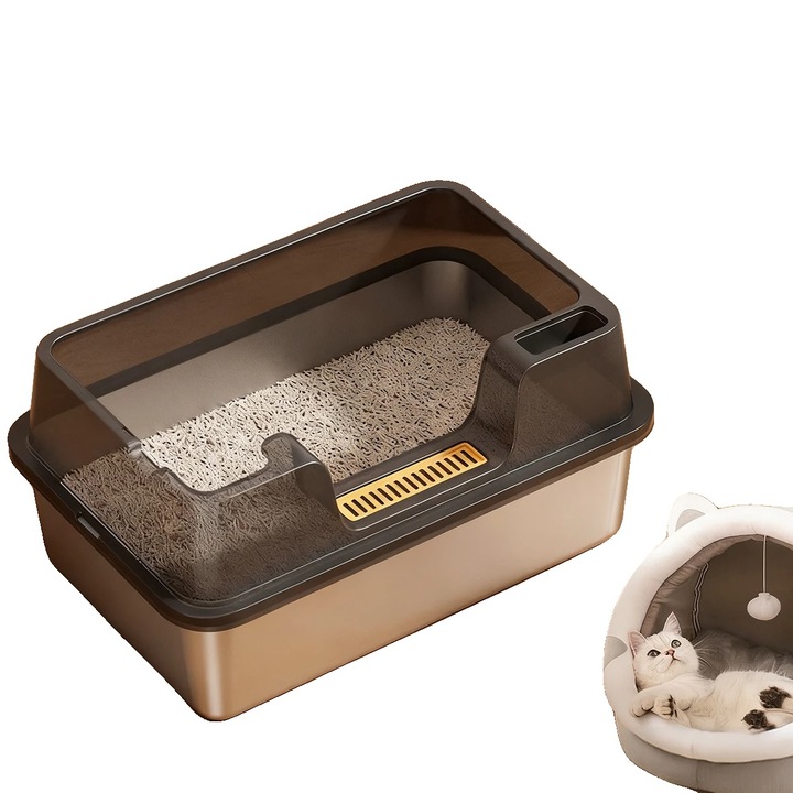 Litiere pentru pisici, inox, design semi-inchis, negru, 50x35x27cm