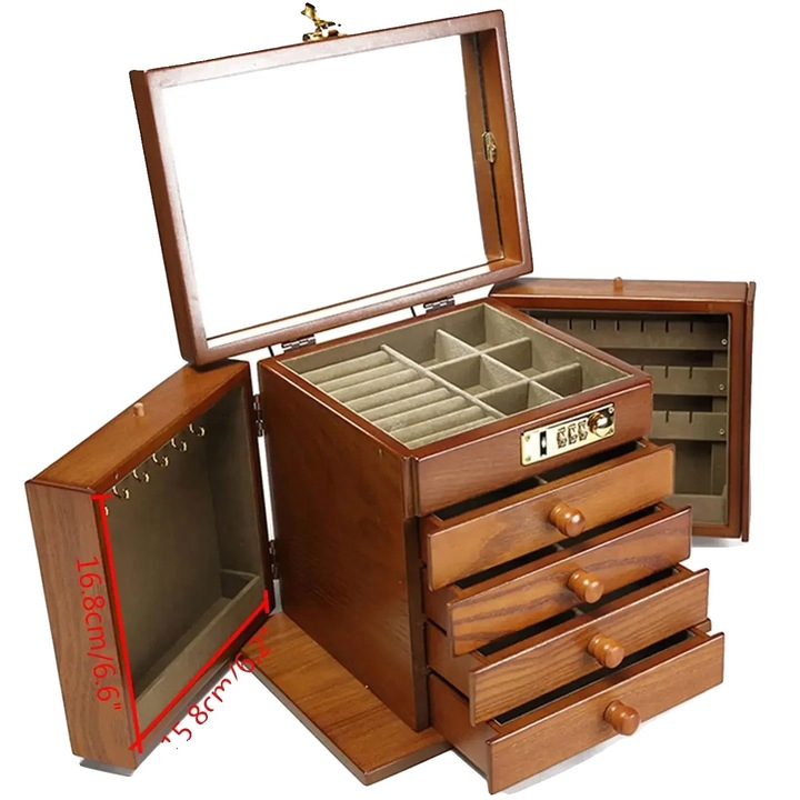 Cutie bijuterii, 5 straturi, inchidere cu parola, maro inchis, 27.5x19.1x22.9cm