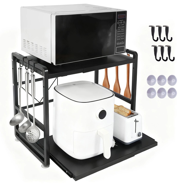 Konyhai polc, állítható magasságú, tartós design, fekete, 2 szint