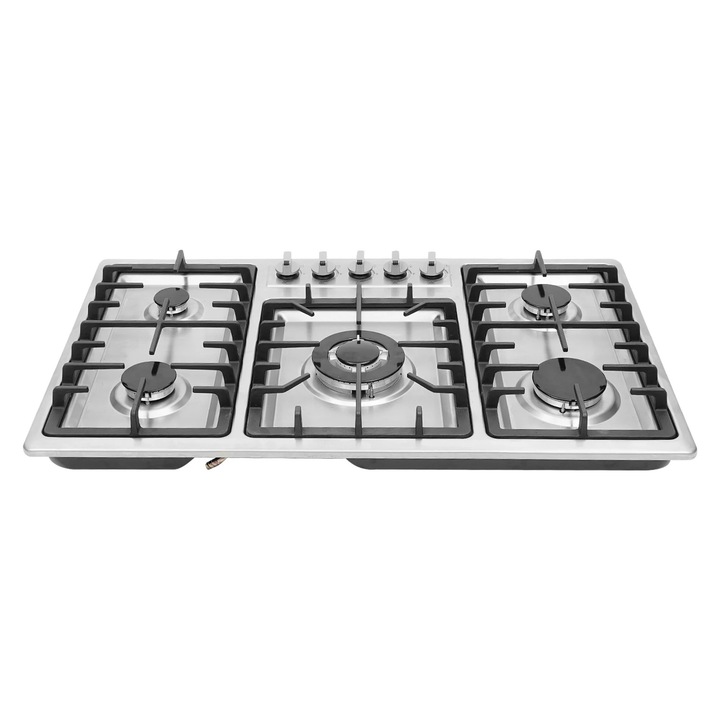 Plita pe gaz, incorporabila, 5 arzatoare, 86×51 cm, aprindere electrica 220 V, suporturi din fonta, inox, negru