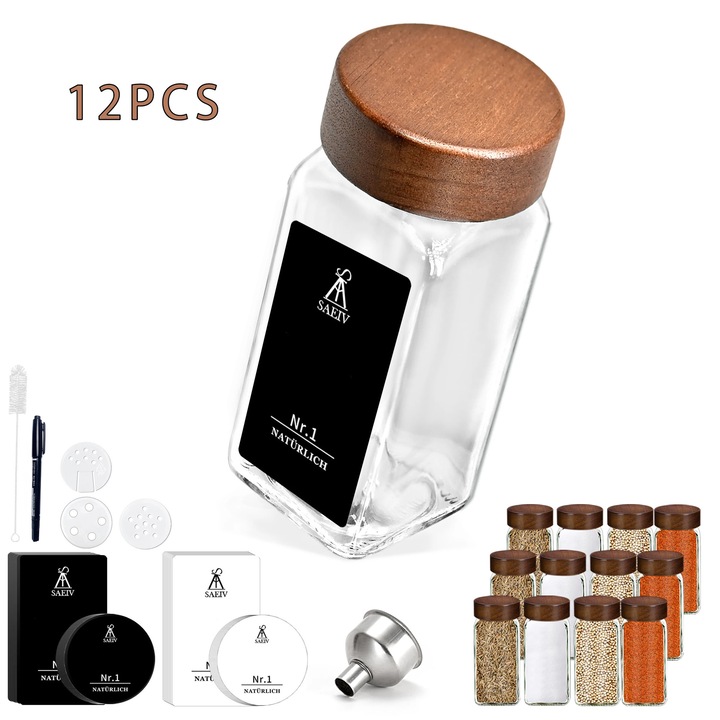 Borcane pentru condimente, design etans, capace din lemn elegant, set 12 bucati, 120ml, sticla borosilicata