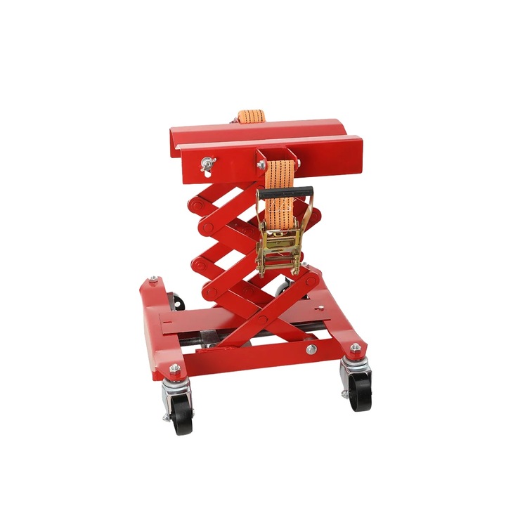 Platforma de ridicat motociclete, capacitate 200 kg, inaltime ajustabila 185-590 mm, dimensiuni baza 420x400 mm, roti de 76 mm