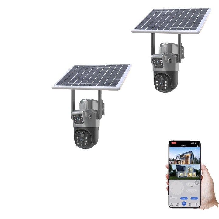Слънчева камера за наблюдение, двойни лещи, 2*4G EU, без SD карта, 1296P, 10400mAh