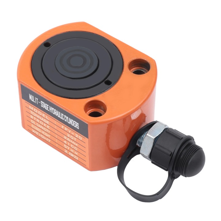 Cric hidraulic 20T, Cilindru profil jos, Dublu piston 2 trepte, Inaltime inchisa 5, 7 cm, Cursa 2, 6 cm, Otel 45 sudat, Compact 10×7, 6×5, 7 cm, Portocaliu