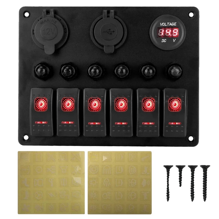 Panou comutator auto, 6 gang, design rezistent la apa, rosu, 18x14x8cm