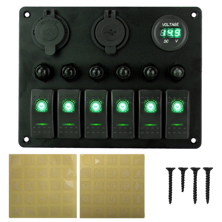 Panou de comutare auto, 6 gang, design rezistent la apa, verde, 18x14x8cm