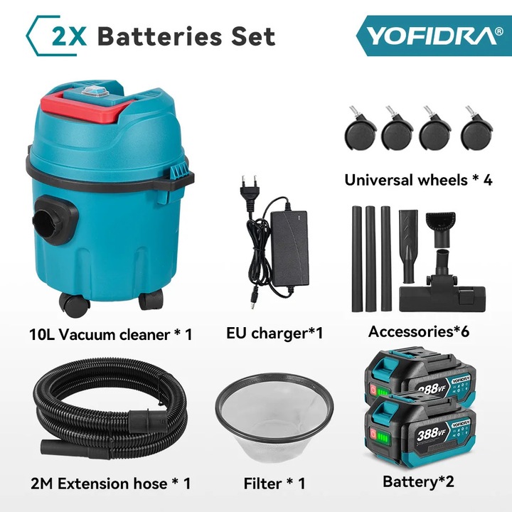 Aspirator Yofidra 2000W, 10L, 2 baterii, design compact