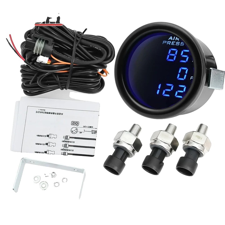 Manometru de presiune aer, triple display, 0-220 PSI, 58x58x40mm