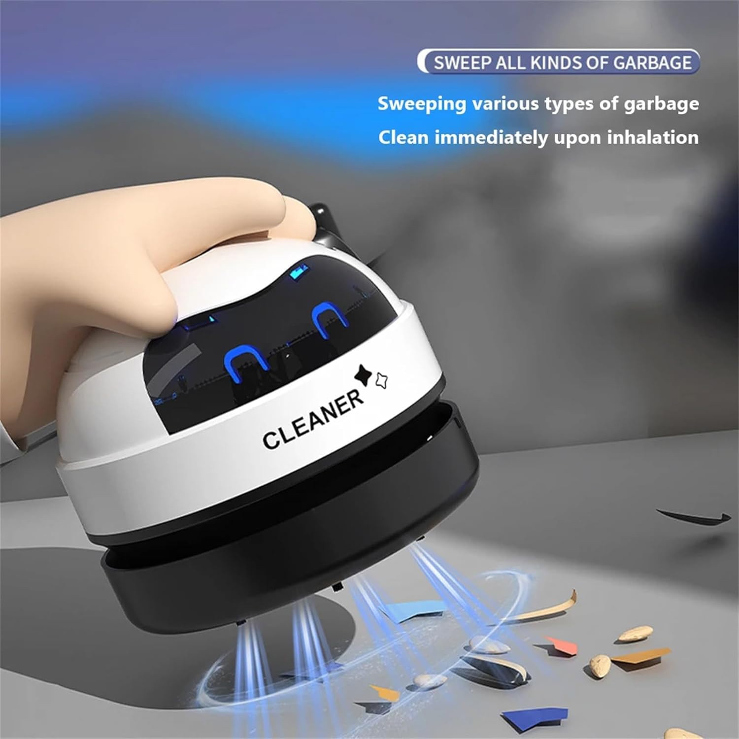 Mini aspirator fara fir, Detasabil si lavabil, Rotire 360°, Portabil, USB, Potrivit pentru tastatura, praf, resturi de hartie, 500mAh, Negru/Alb