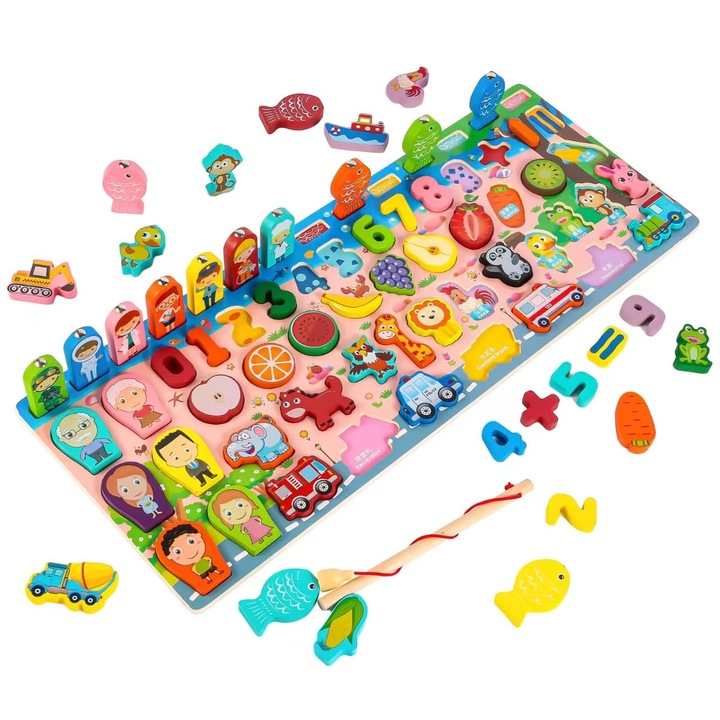 Монтесори дървена образователна игра, сортиране на цветове, с плодове, зеленчуци, животни, превозни средства и игра за риболов, многоцветна, 45x18x0.7cm