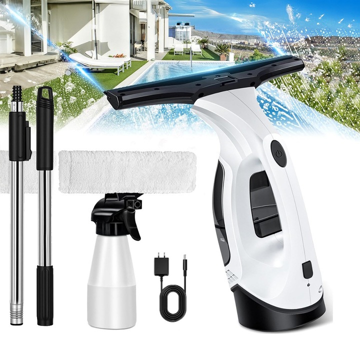 Aspirator de geamuri fara fir, set de instrumente electrice pentru curatarea geamurilor cu rezervor de apa detasabil si sticla cu pulverizator, aspirator puternic de 2KPa pentru oglinda, parbriz auto, gresie, walalla