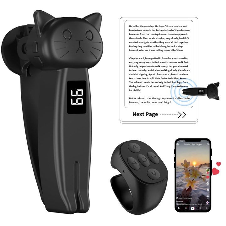 Telecomanda Page Turner pentru Kindle Paperwhite Oasis Kobo Accesorii Citire Romane si eReader-e Camera cu Inregistrare Video Declansatoare de la distanta Page Turner Clicker pentru iPad Tablete Android, walalla (Negru)