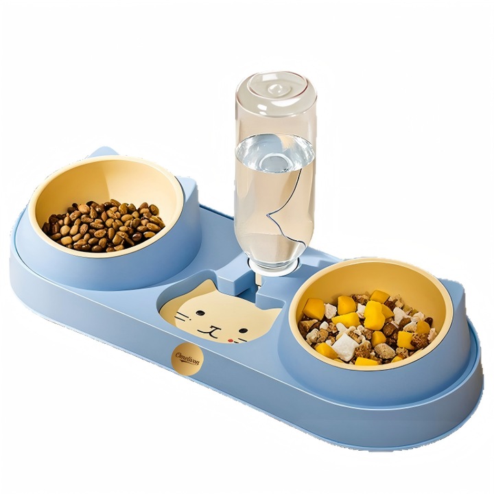 Castron ortopedic pentru pisici, 3 compartimente, albastru turcoaz, 0.5 L, material non-toxic, cu dispenser de apa