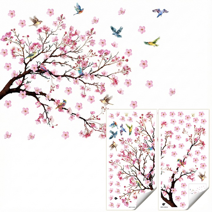Fali matrica, őszibarack ág madarakkal, öntapadós, többszínű
